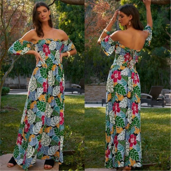BOHO DOLLZ Plam Print Maxi Dress - Picture 1 of 5
